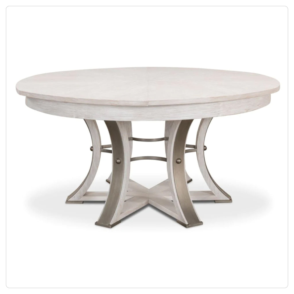 whitewashed wood steel legs round expanding dining table