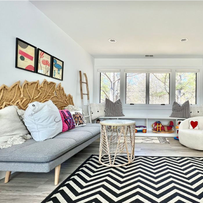 black white zigzag rug geometric wall art set wicker daybed