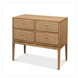 four drawer side table with woven drawer fronts and wood base 