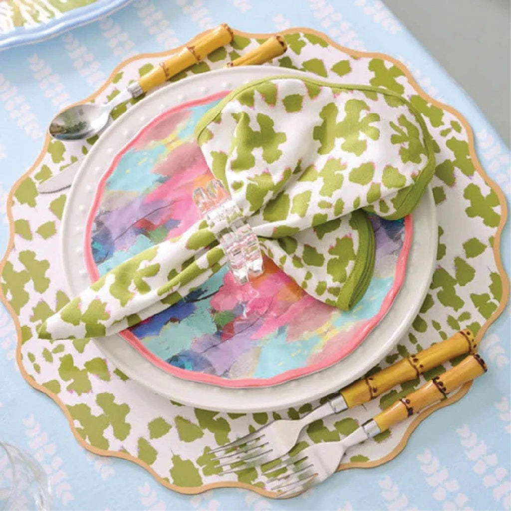 watercolored melamine plate on rattan charger blue white napkin acrylic napkin ring flatware