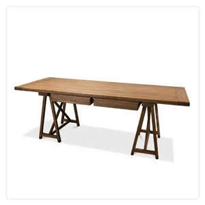 wood finish desk with two drawers and sawhorse legs 