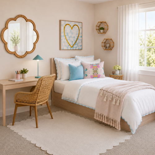 Cozy bedroom with a desk, wicker chair, neatly made bed, pastel pillows, and heart artwork on the wall.