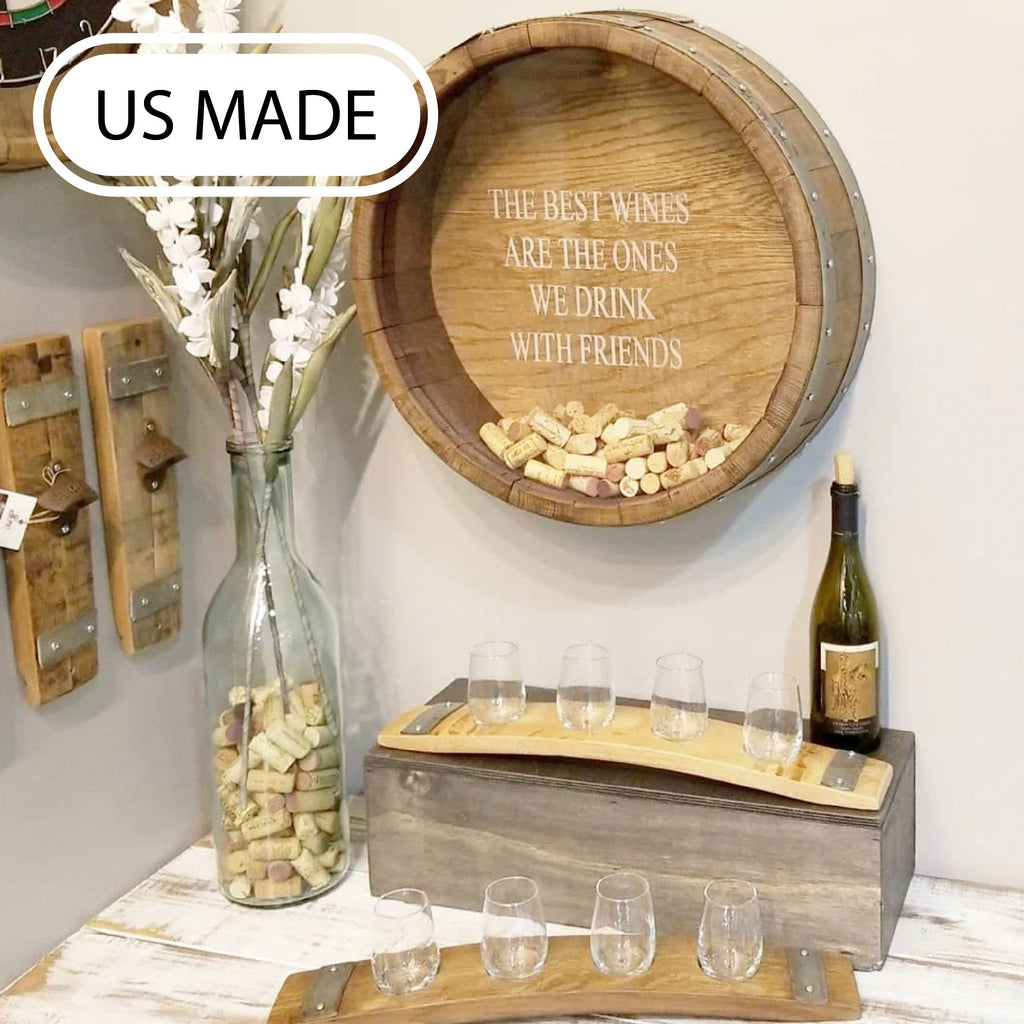 wooden tray holding peaches and wine cork holder