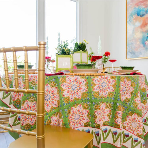 Pretty in Pink Table Cloth over a table set for brunch