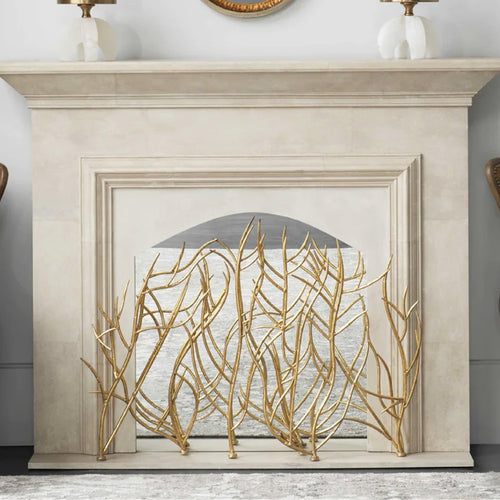 gold branch style fire screen stone fireplace 