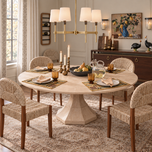 A round wooden dining table set for four with woven chairs, lit by a gold chandelier and candles.