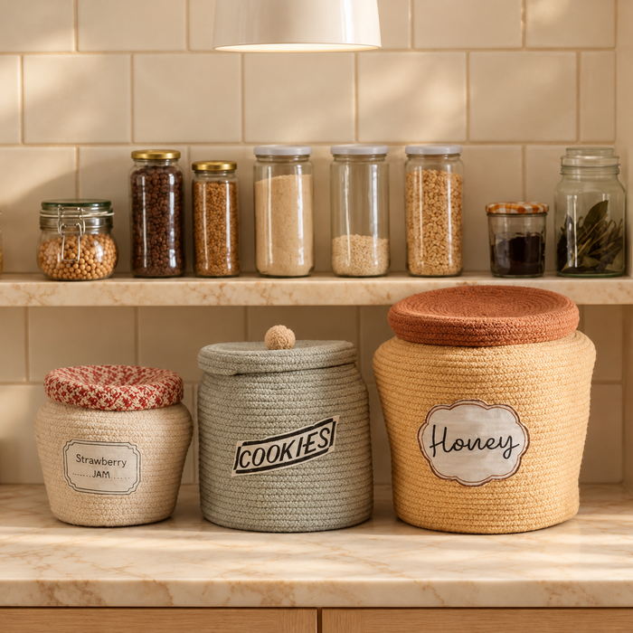 Three woven storage canisters labeled “Strawberry Jam,” “COOKIES,” and “Honey” sit on a counter in front of shelves filled with glass jars of dry goods.