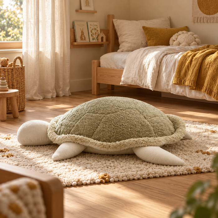 A large, plush turtle-shaped floor pillow in a child’s bedroom.