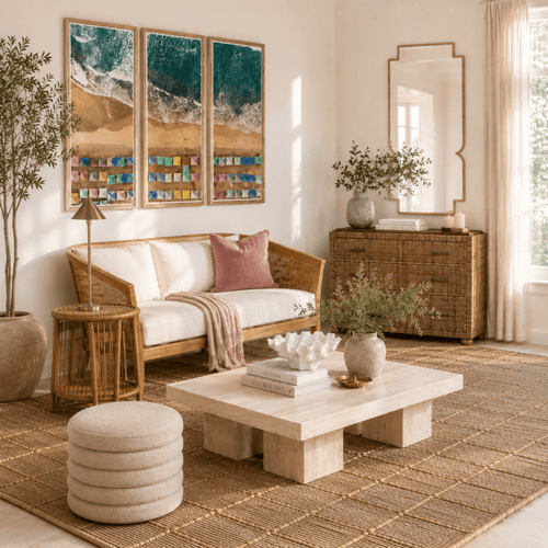 A cozy living room with rattan furniture, neutral tones, a large rug, beach-themed artwork, potted plants, and natural light streaming through windows. A white coffee table holds decor items and books.