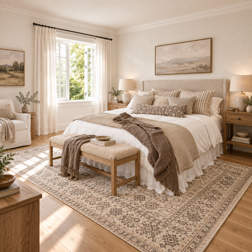 Searing area with table and art, all in very neutral tones