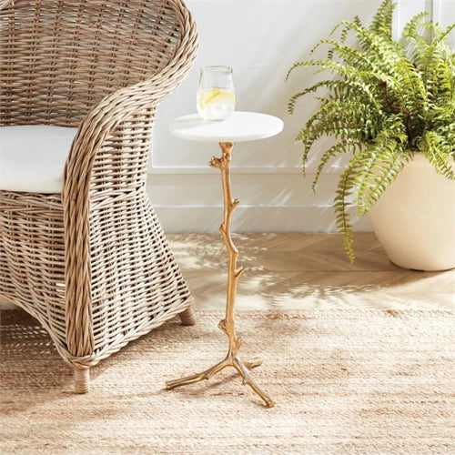 wicker chair small brass cocktail table 