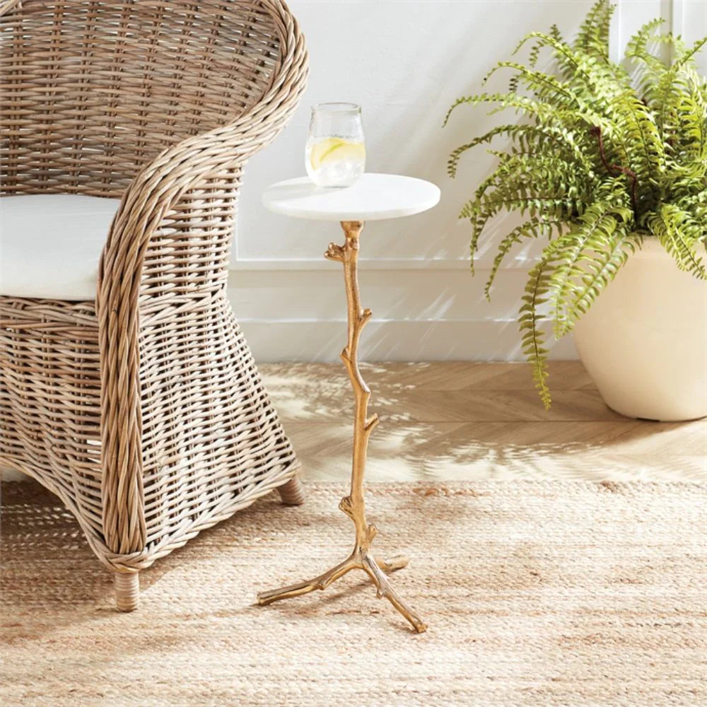wicker chair small brass cocktail table 