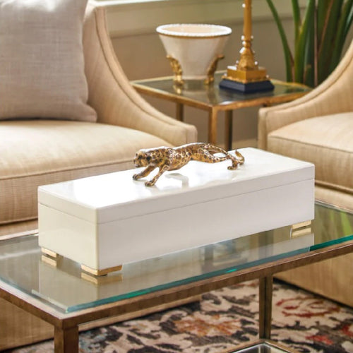 white storage box leopard brass accent