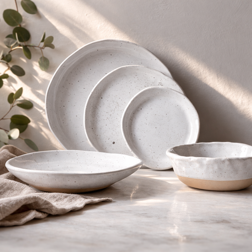 White speckled ceramic dishes and bowls arranged on a light surface, viewed from above.