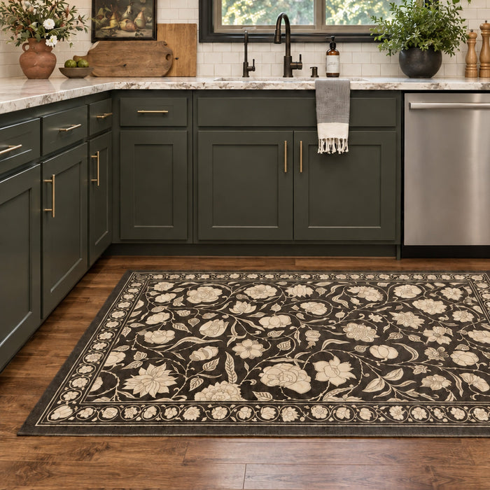 A vinyl rug in a blue and brown circle pattern