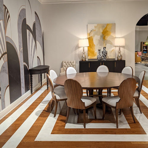 modern dining room striped floor round table sleek chairs