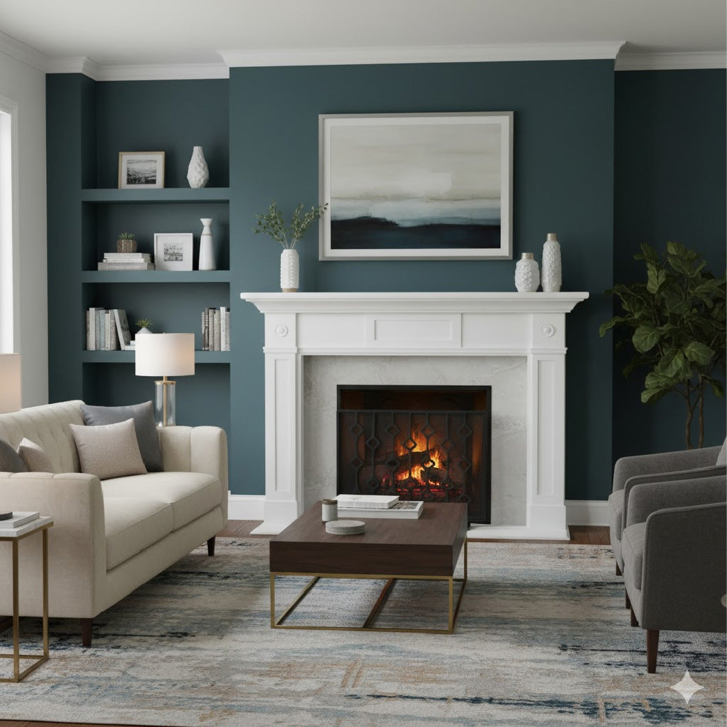 Modern living room with blue walls, neutral furniture, and the Made Goods Webster Black Cast Iron Fireplace Screen on the hearth.