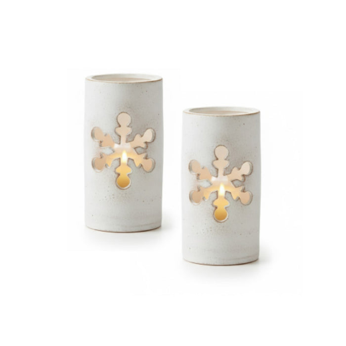 Set of 6 White Clay Snowflake Luminaries by Kalalou, perfect as candlelight lanterns for holiday home decor.