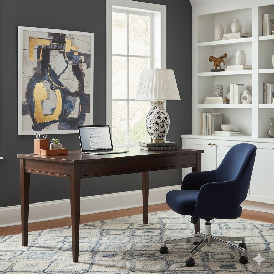 Modern home office with dark wooden desk, blue swivel chair, and The Natural Light's Forest Green Canopy Table Lamp.