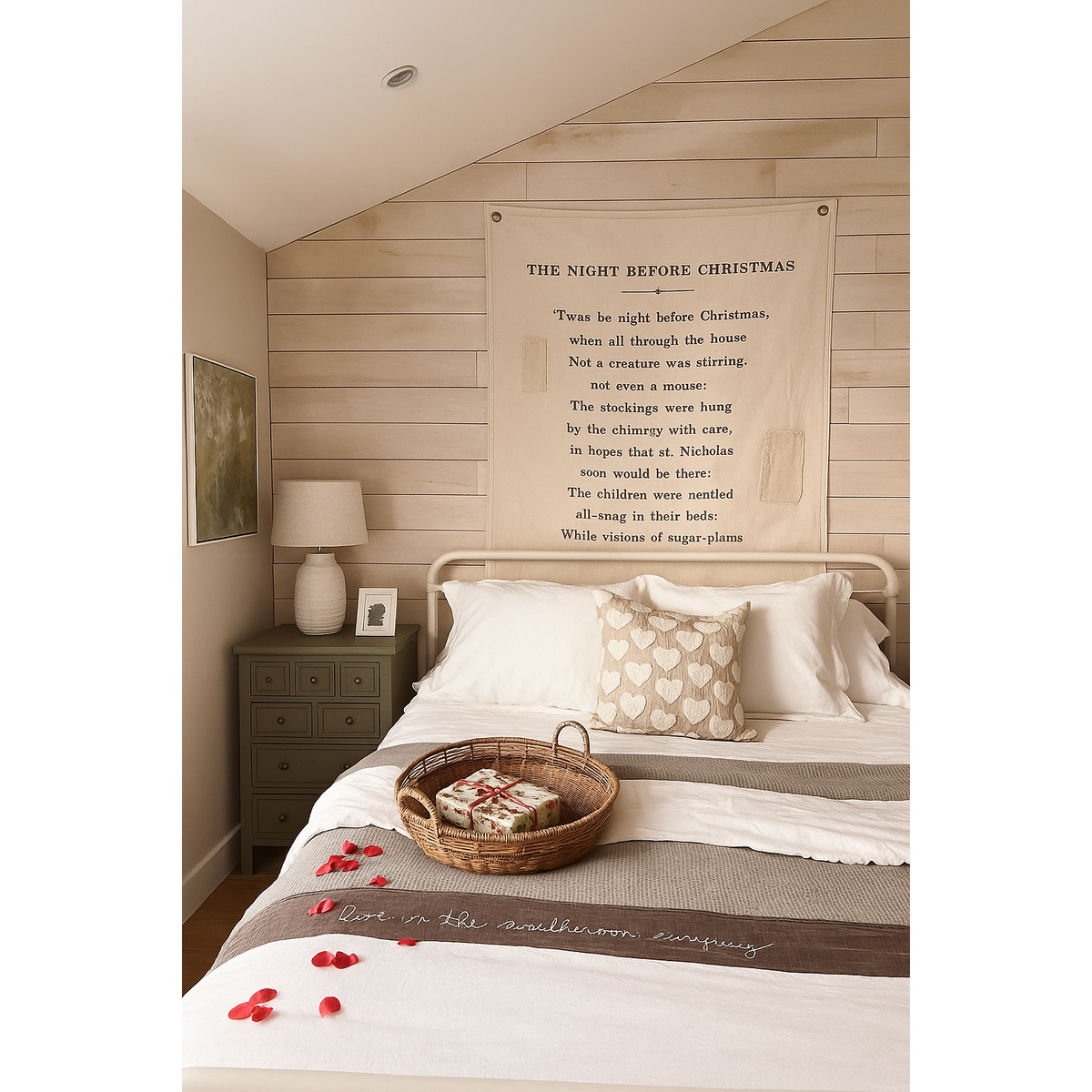 Cozy bedroom with Christmas decor, Sugarboo & Co. The Night Before Christmas canvas wall hanging, pillows, and gifts.