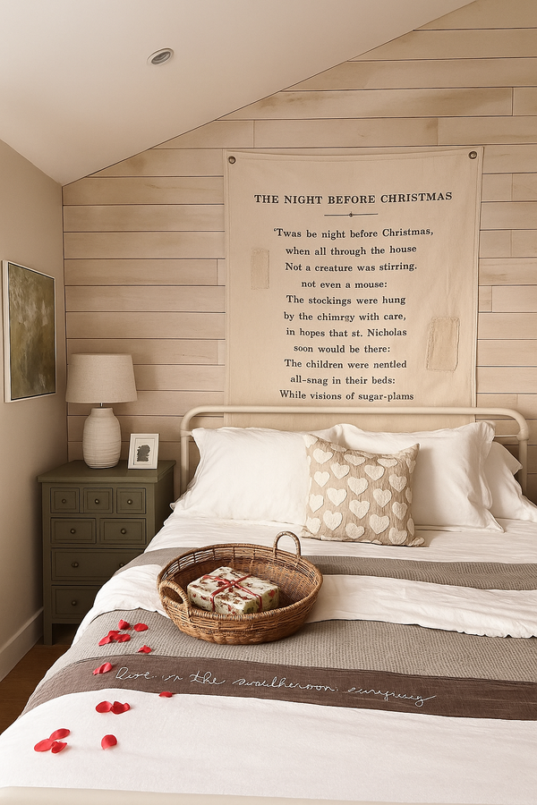 Cozy bedroom with Christmas decor, Sugarboo & Co. The Night Before Christmas canvas wall hanging, pillows, and gifts.