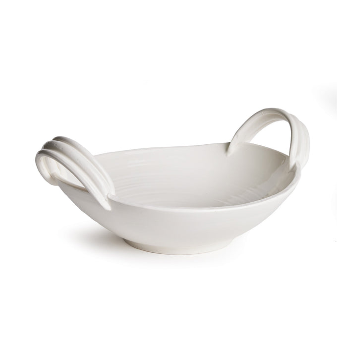 White ceramic serving bowl with handles on a white background