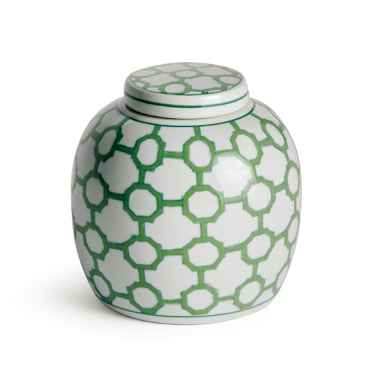 Ceramic jar with green geometric pattern on a white background