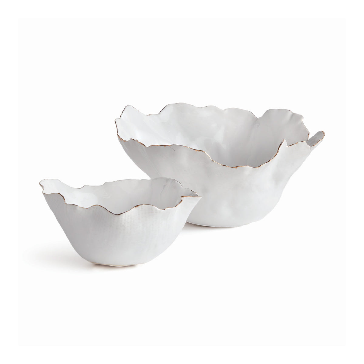 Two white ceramic bowls with ruffled edges on a white background