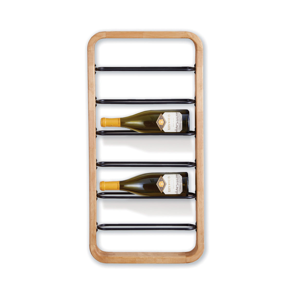 Wooden wine rack with bottles on a white background