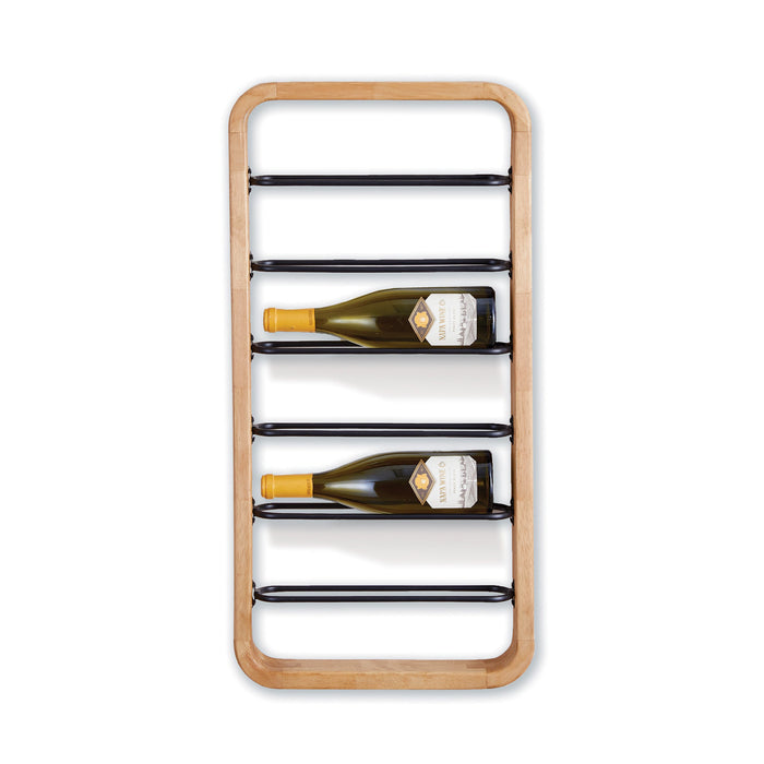 Wooden wine rack with bottles on a white background