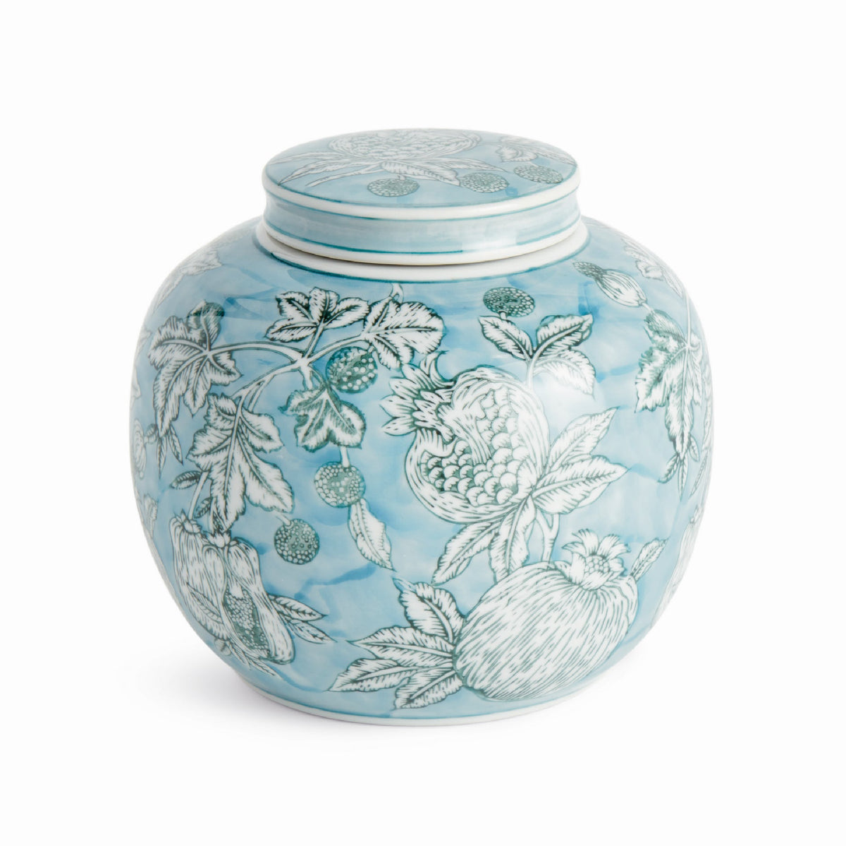 Ceramic jar with floral design on a light blue background