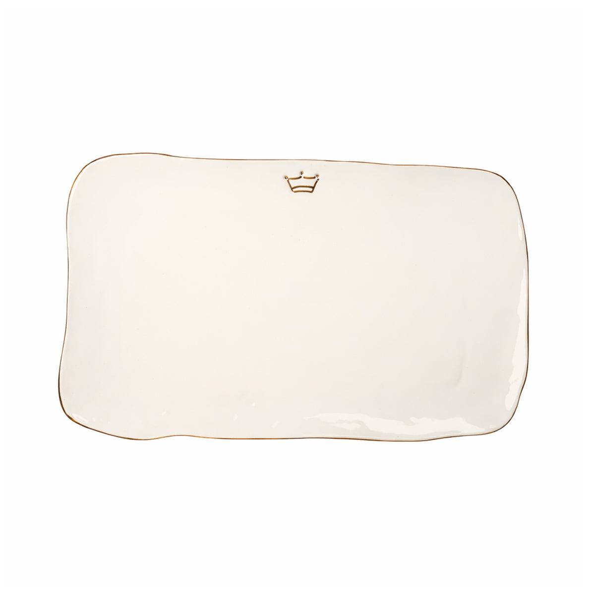 Rectangular white plate with gold rim and crown emblem on a white background