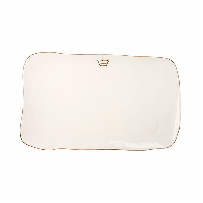 Rectangular white plate with gold rim and crown emblem on a white background