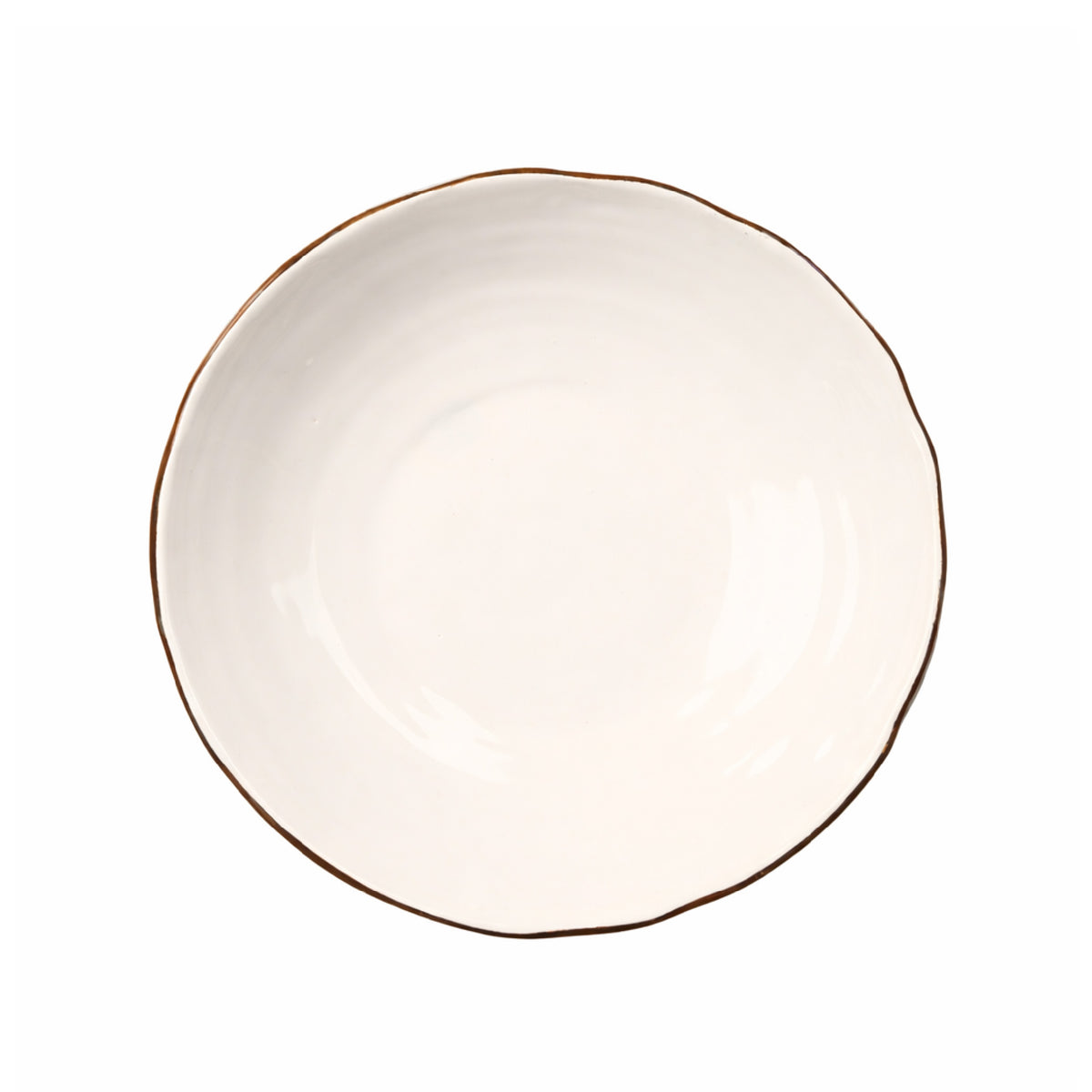 Round ceramic bowl with a gold rim on a white background