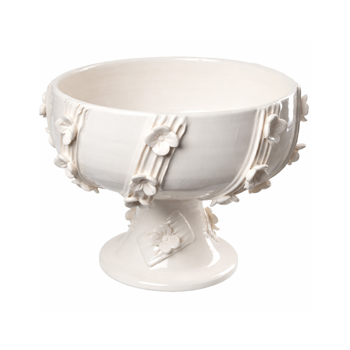 White decorative bowl with floral designs on a white background