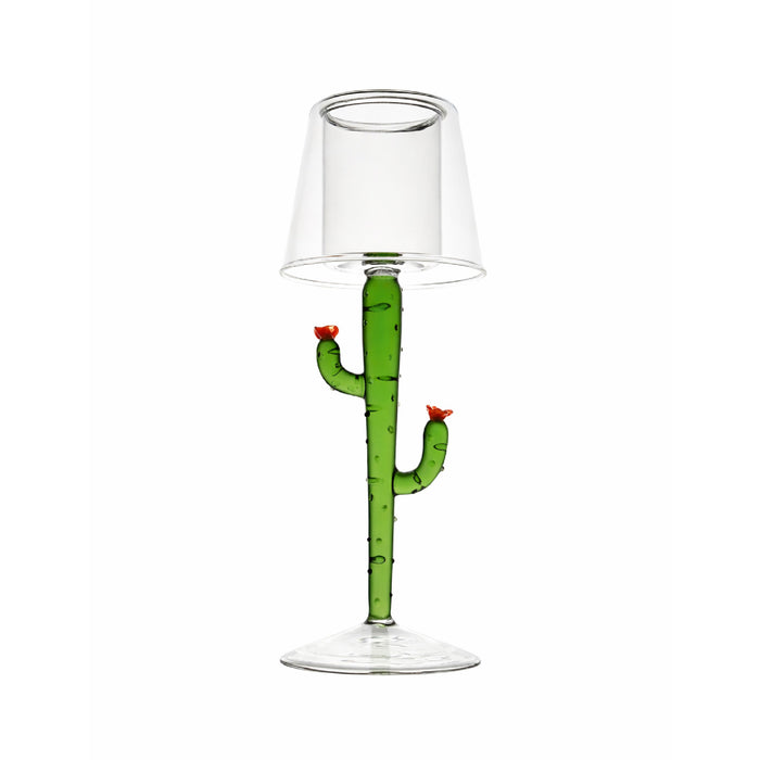Cactus-shaped glass tealight with a clear glass base on a white background
