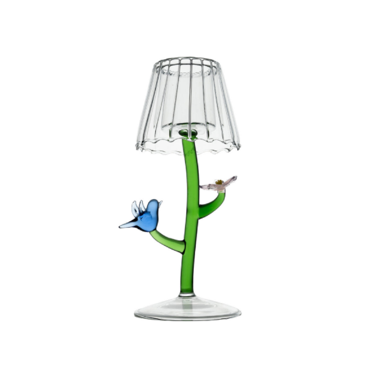 Decorative glass tea light with a green stem, clear base, and blue bird figure on a white background
