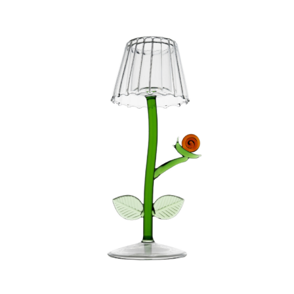 Decorative glass tealight lamp shaped like a flower with a clear glass shade on a white background
