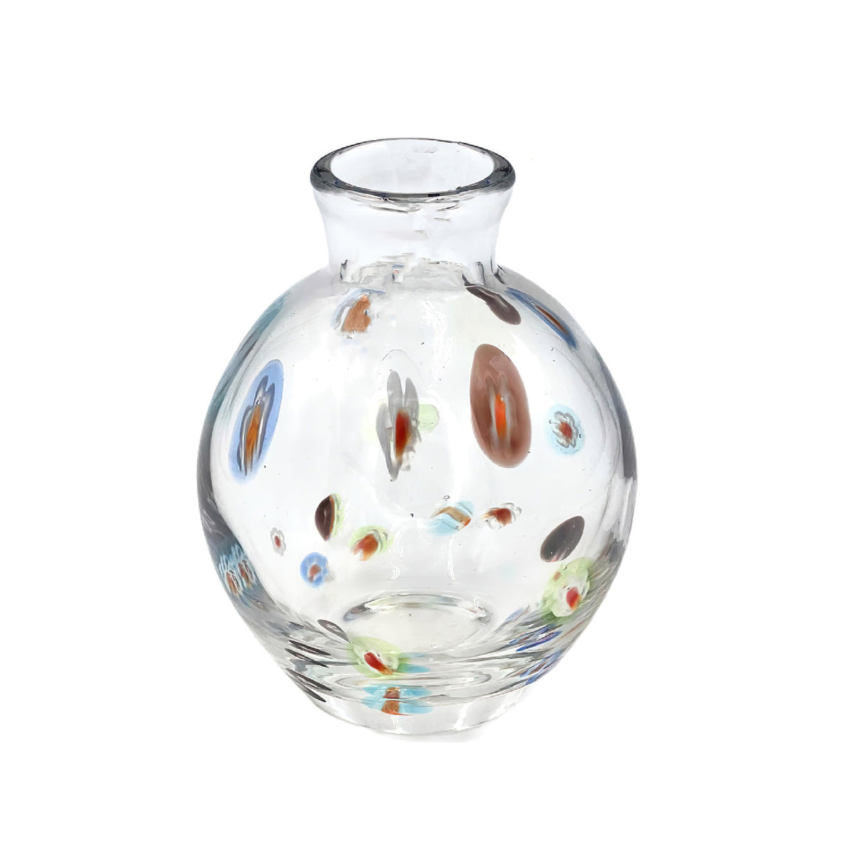 Clear glass vase with multicolored speckles on a white background