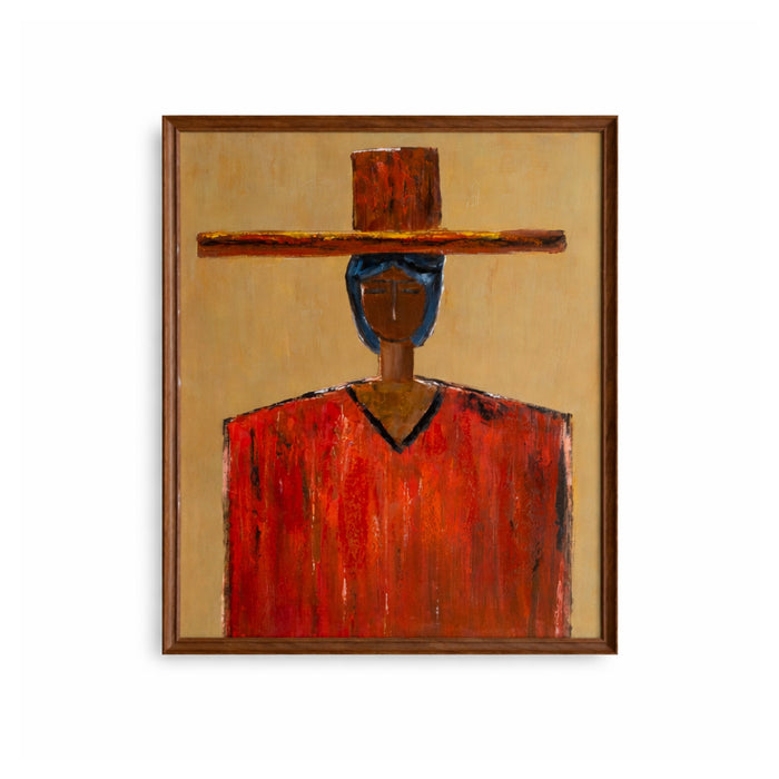 Abstract painting of a figure with a red garment and brown hat on a beige background