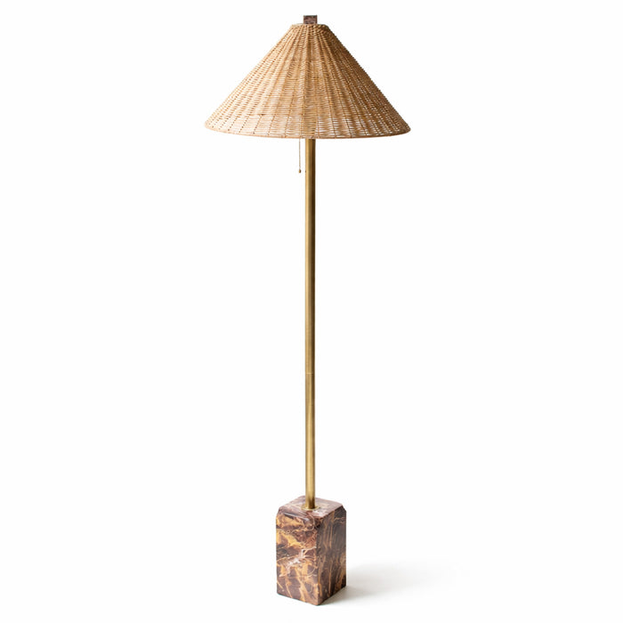 Floor lamp with wicker shade and marble base on a white background