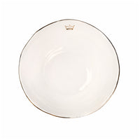 White ceramic plate with a gold rim and gold embossed crown on a white background