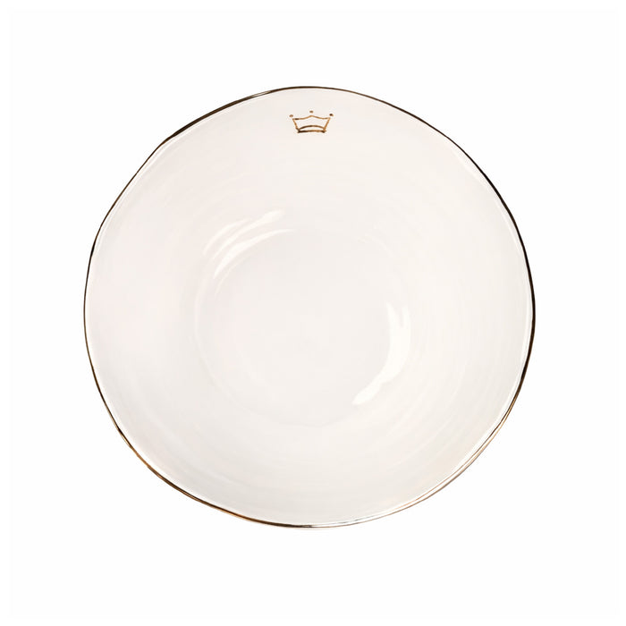 White ceramic plate with a gold rim and gold embossed crown on a white background