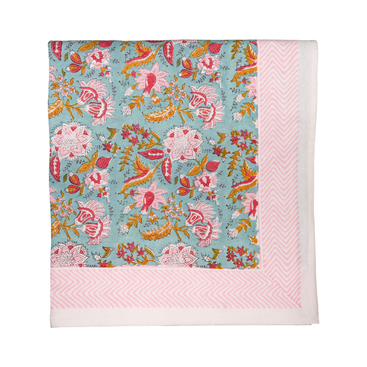 Floral patterned tableclothwith pink border on a white background