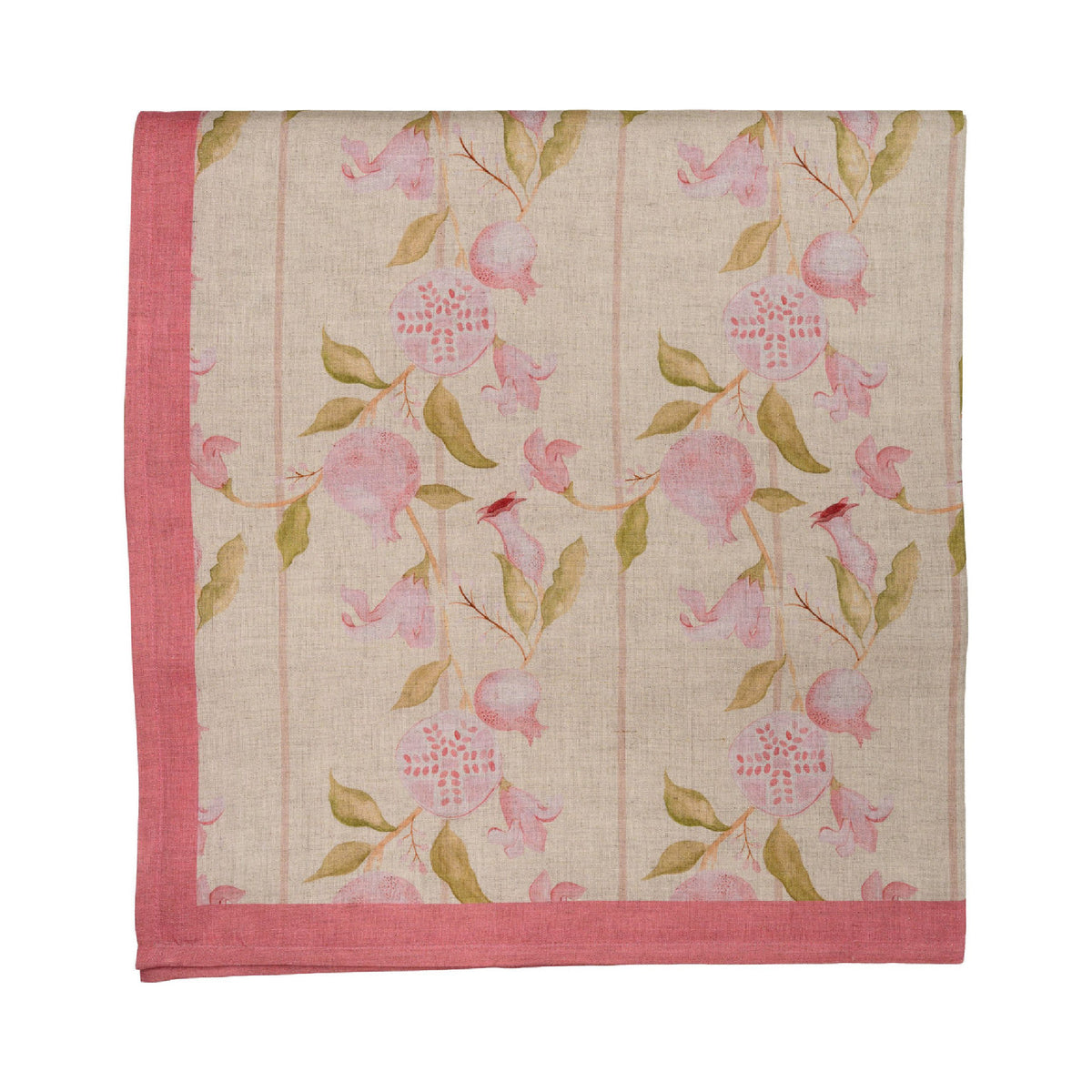 Floral patterned tablecloth with pink flowers and green leaves on a white background