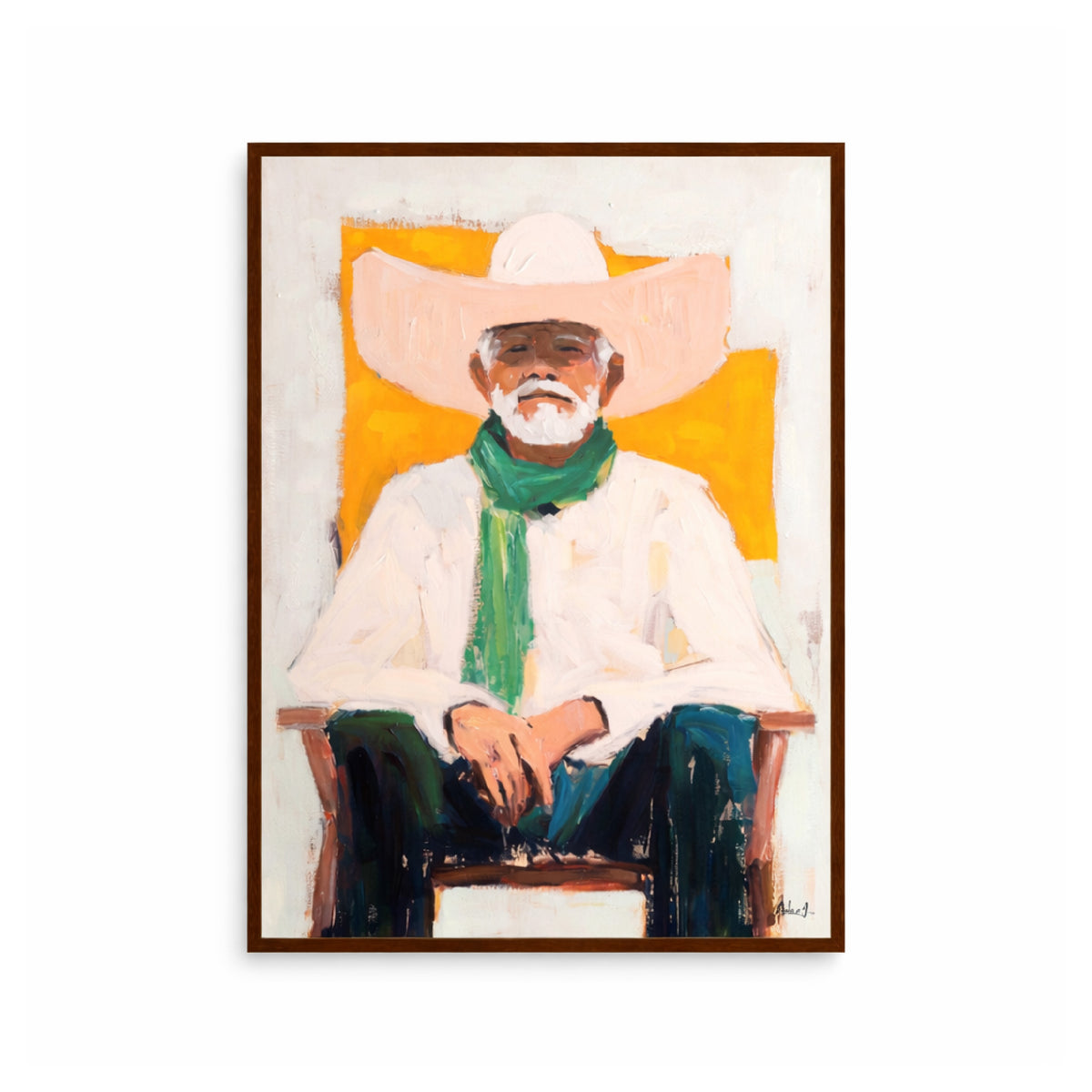 Painting of a man wearing a wide-brimmed hat and green scarf on a white background