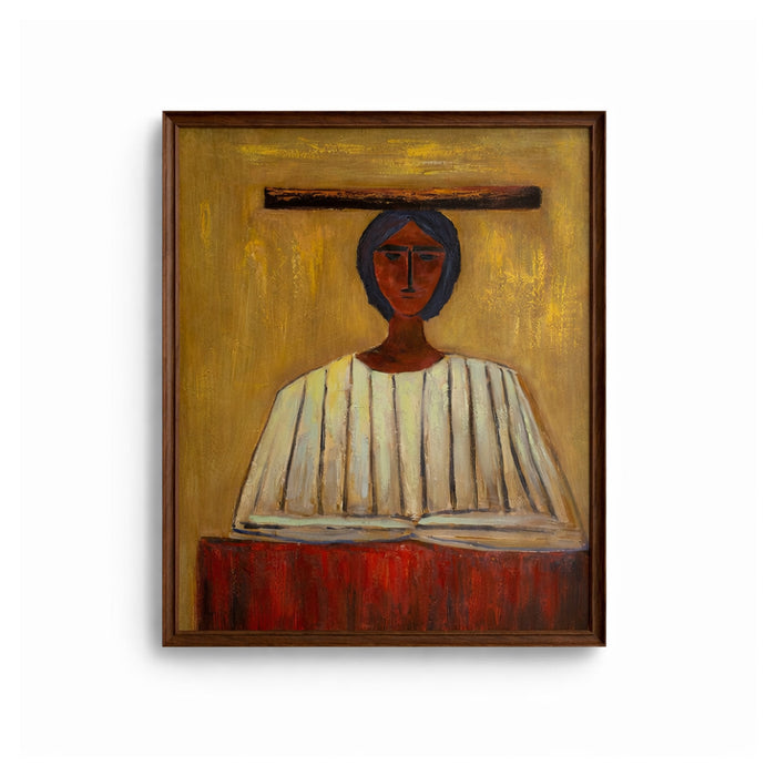 Artistic depiction of a figure holding an open book on a white background