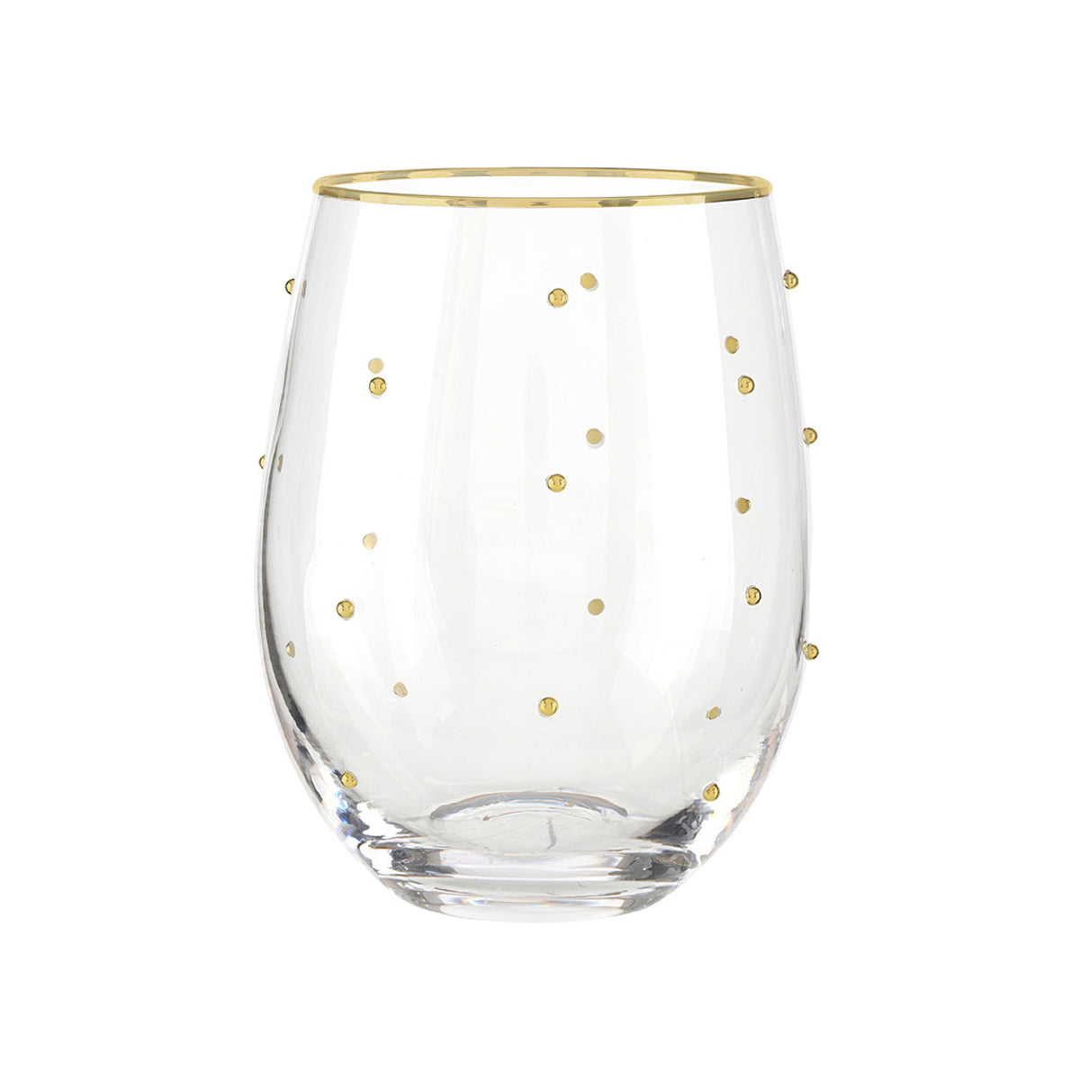 Clear glass with gold rim and gold polka dots on a white background