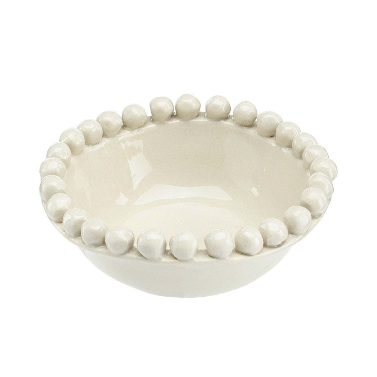 Off White ceramic bowl with bead-like embellishments on a white background