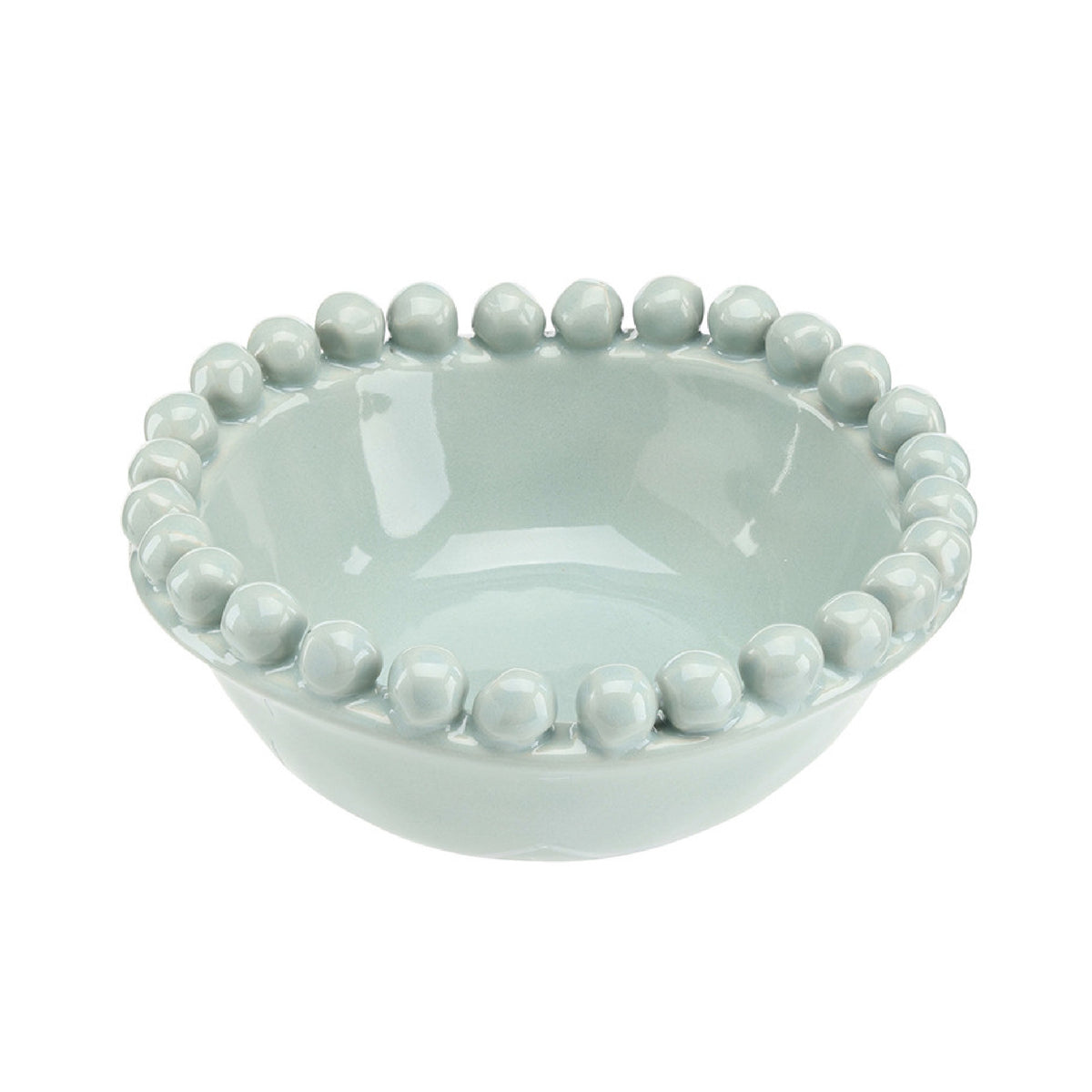 Light blue ceramic bowl with bead-like embellishments on a white background